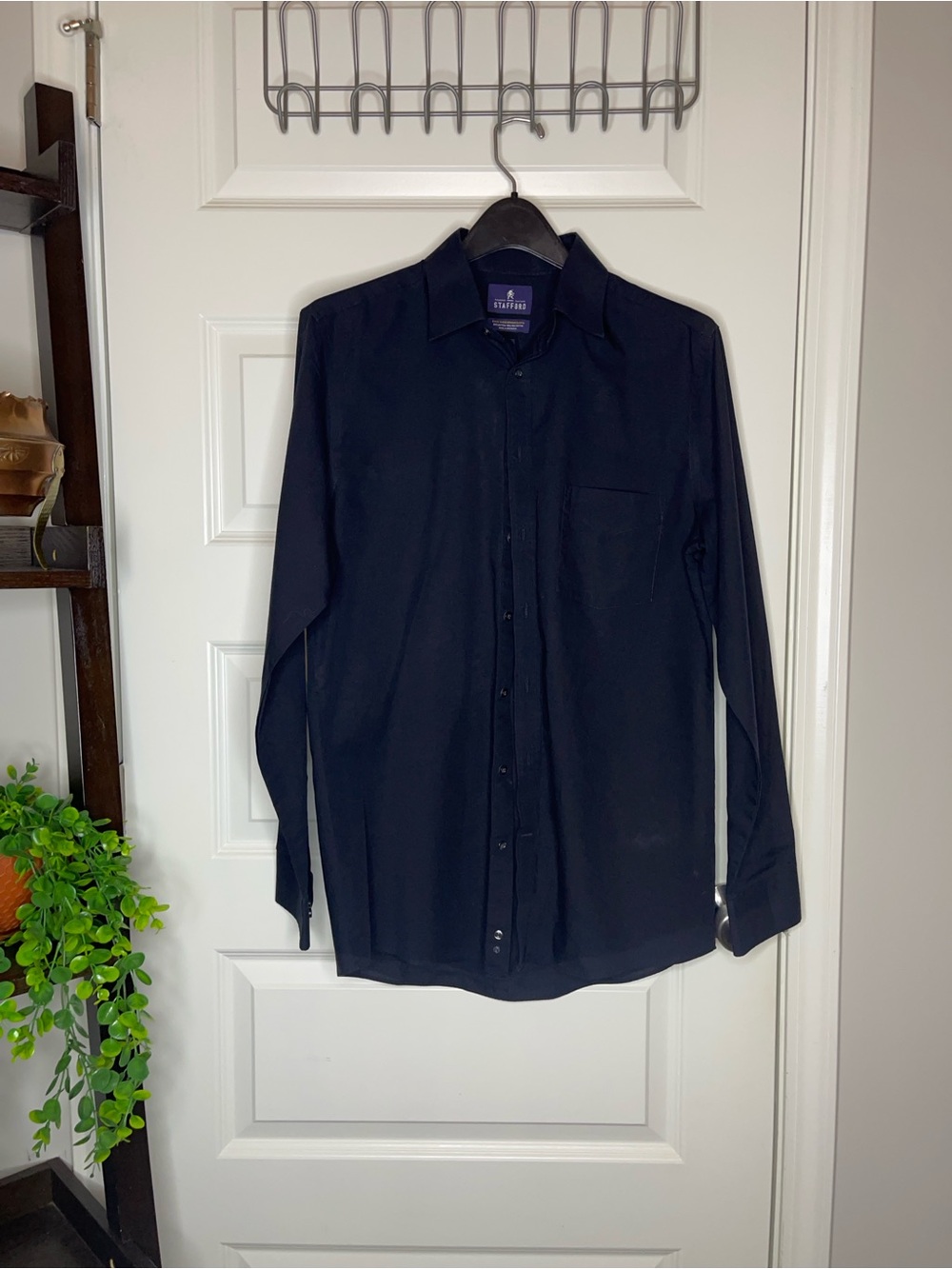 Stafford | Dark Navy Button-Up Dress Shirt with Logo Label
